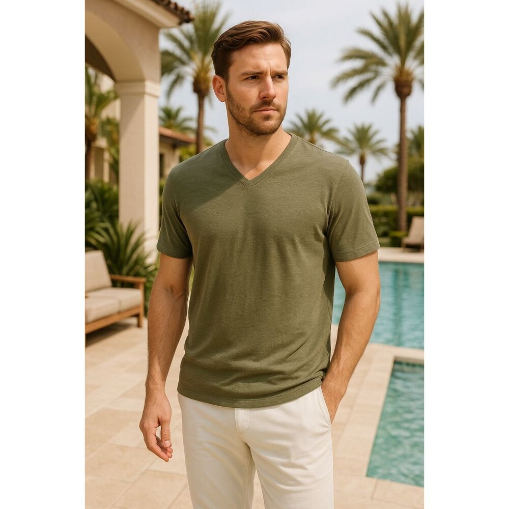 Adrianna Papell XL Olive Waffle Knit V Neck Short Sleeve Tee Minimalist Casual - Picture 7 of 7